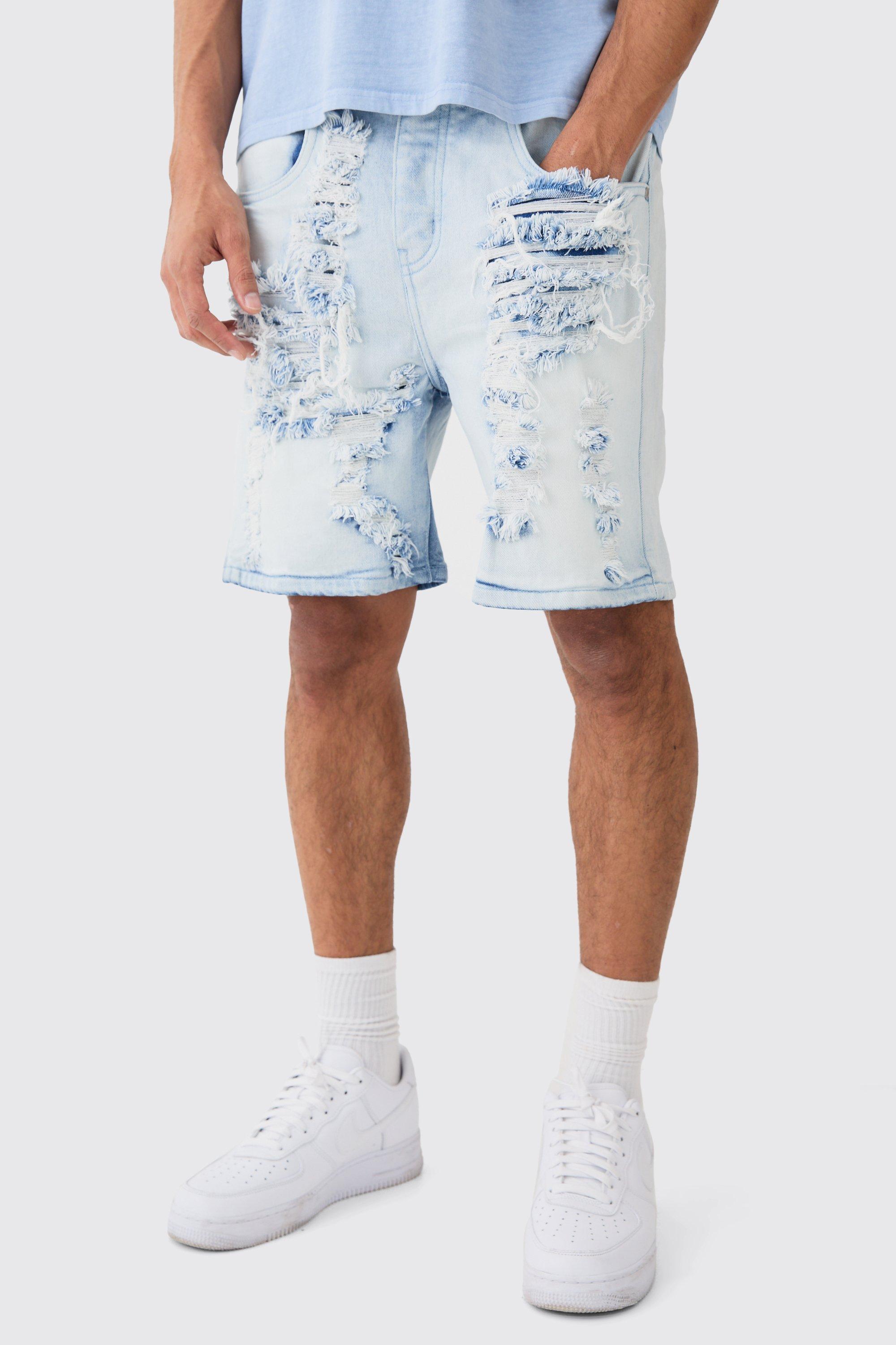 Blue denim extreme rip front shorts deals